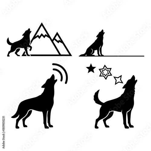 International dog day collection of four black wolf howling silhouette icons with nature and signal element