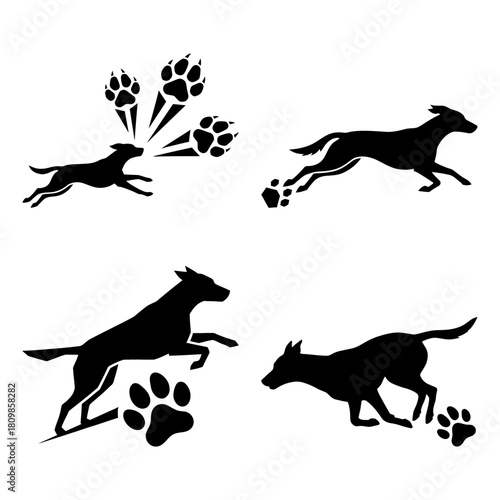 International dog day collection of four black silhouette graphics showing a dog running, jumping, and leaving paw mark trail isolated on