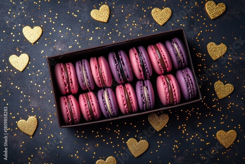 Purple and pink macaroons on background of hearts. Cookies with chocolate filling in a box.