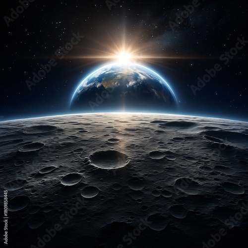 Fototapeta Naklejka Na Ścianę i Meble -  Earth rising above moon surface with bright sun
