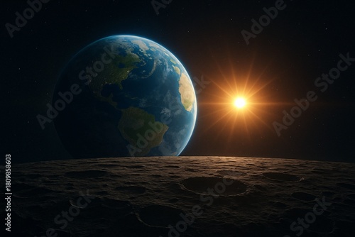 Earth view from moon with sunrise in space