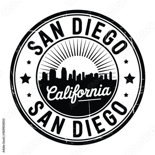San diego california skyline stamp with sunburst and stars