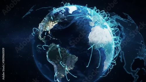 Global network connects around Earth, showcasing data transfer, against dark space, for tech visuals