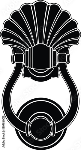 Ornate black and white victorian style door knocker with shell motif