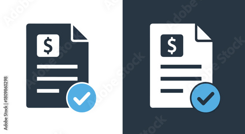 Two documents with checkmarks and dollar signs - Vector icon symbol for website - Icon vector - Blue icon vector - Line and glyph solid icon and logo template