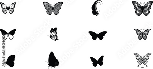 Collection of butterfly illustrations in various styles and poses on a white background
