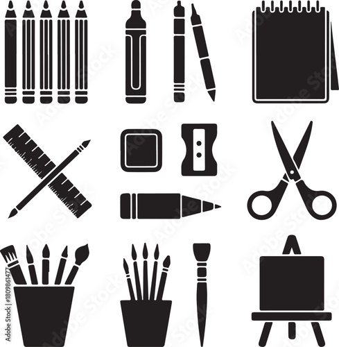 Black and White Silhouette Illustration of 9 Office Art Objects