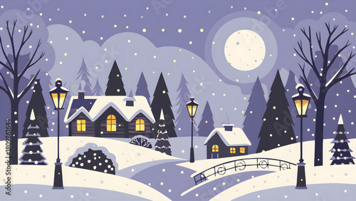 A winter scene with snow covered houses trees and a bridge lit by street lamps under a full moon night sky