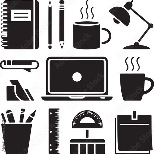 Wallpaper Mural Black and White Silhouette Illustration of Office Desk Objects Torontodigital.ca