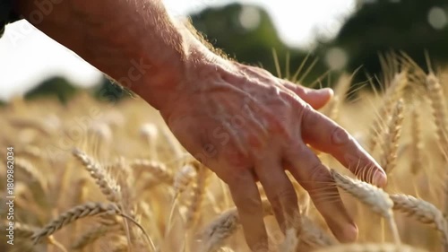 Hand touching golden wheat field under sunny sky, agriculture harvest concept