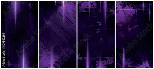 Abstract vertical purple light streaks and ethereal smoke patterns create a mystical and otherworldly background with a dark and moody atmosphere