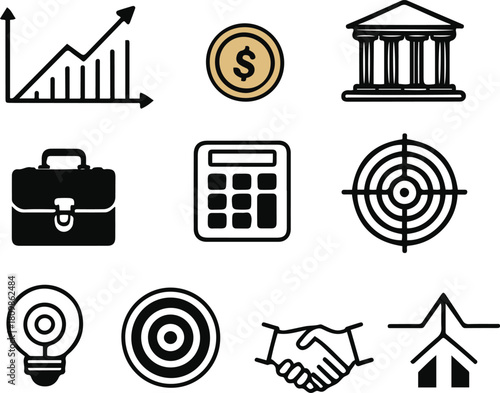 9 mini icons (graph, briefcase, coin, bank, calculator, target, idea bulb, handshake, arrow up), minimal black line vector 1.
