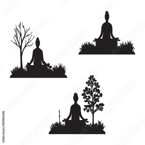 Peaceful meditation silhouettes of a person sitting under trees surrounded by calm natural scenery