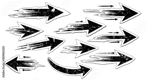 Dynamic set of fast moving direction arrows with distressed grunge texture isolated on transparent background
