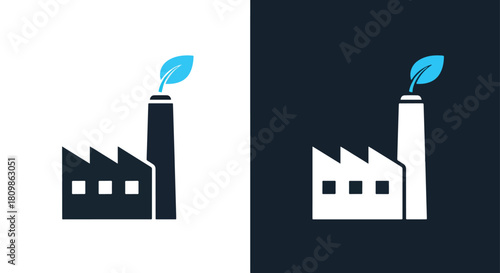 Factory with chimney and green leaf icon - Vector icon symbol for website - Icon vector - Blue icon vector - Line and glyph solid icon and logo template