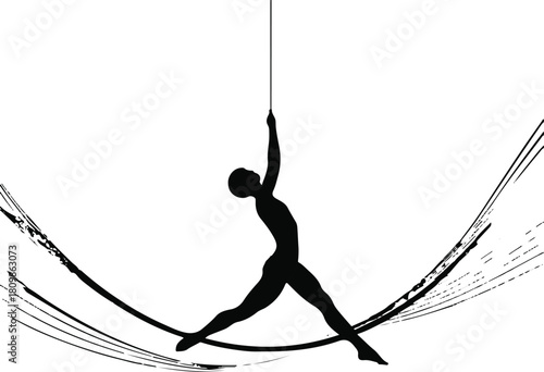 Black bold outline with white background, minimal human figure mid-air with curved motion lines showing lift and impact, black with white background 1
