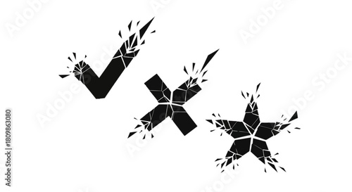 Shattering vector shapes set including tick cross and star symbols breaking into fragments