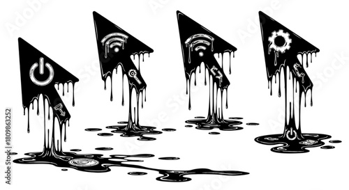 Black melting cursor arrows set with digital symbols icons for technology internet concepts