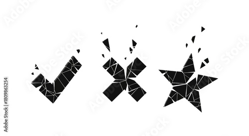 Broken glass black check mark cross and star symbols shattering fragments background