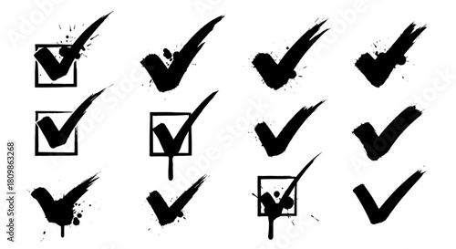 Collection of grunge black check marks ticks icons vector set isolated on transparent background