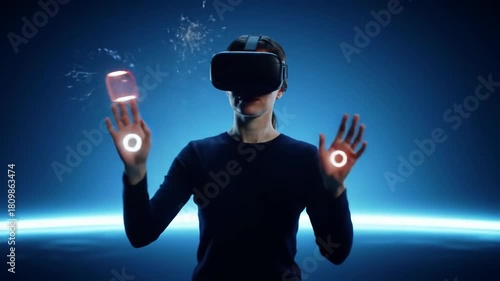 Person in VR headset interacting with glowing virtual interface in futuristic blue space