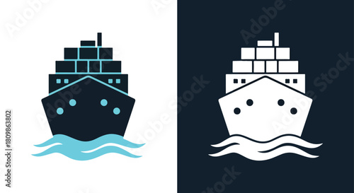 Two cargo ships sailing on blue and white waves - Vector icon symbol for website - Icon vector - Blue icon vector - Line and glyph solid icon and logo template