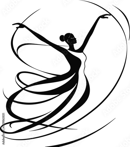 elegant dancing figure with sweeping motion curves around the arms and body, minimal line vector