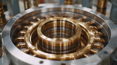 Intricate close up of stacked metallic rings and precisely engineered industrial hinery components with polished brass and steel elements
