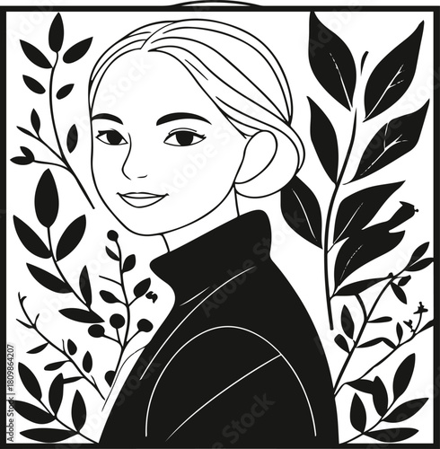 Nature guide silhouette, elegant line art of a person showing botanical elements, grounded earthy vibe, clean vector outline 2