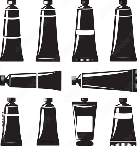 Black and White Silhouette Illustration of 9 Paint Tube Designs