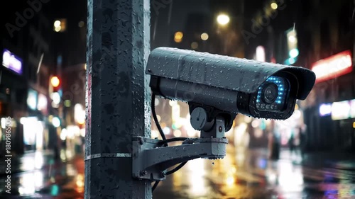 Security camera on pole filming in rain, in urban city street at night; surveillance, safety