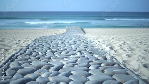 Stone path leads to the sea. The beach is sandy. Waves roll in under a blue sky. Ideal for tranquility