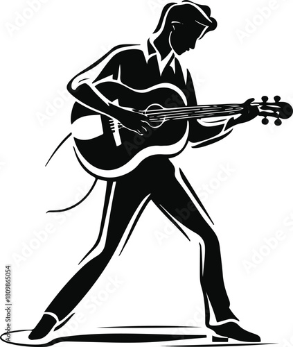 Single-line musician figure, playing guitar violin, expressive stroke but minimal detail, clean vector outline