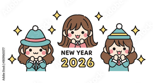 A charming vector illustration of three cute cartoon girls in winter clothes celebrating New Year 2026 with happy expressions and sparkles