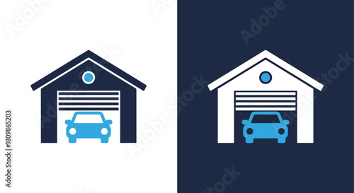 Two garages with cars inside vector icons - Vector icon symbol for website - Icon vector - Blue icon vector - Line and glyph solid icon and logo template