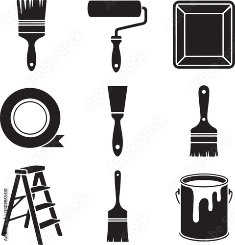 Black and White Silhouette Illustration of 9 Painting Tools