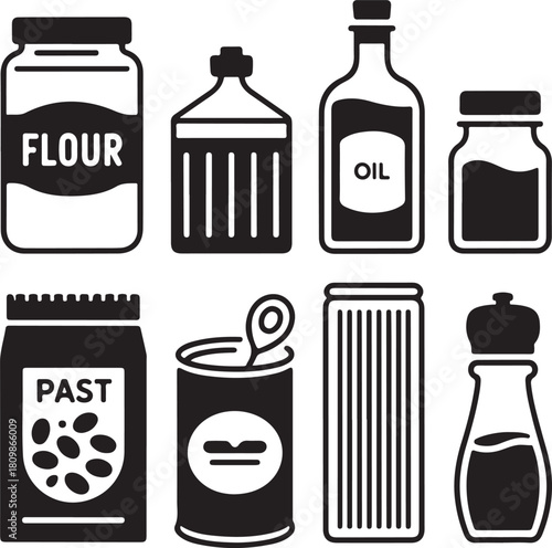 Black and White Silhouette Illustration of 9 Pantry Essential Objects