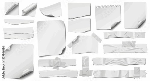 Collection of torn and crumpled paper pieces and tape strips.