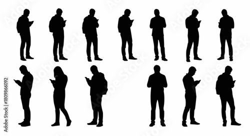 Collection of human silhouettes standing and using mobile phones.