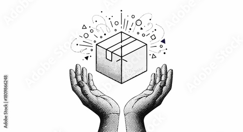 Hands Presenting a Box with Abstract Decorations, Symbolizing Care and Delivery.