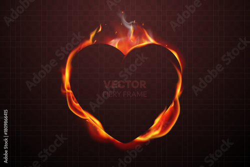 Glowing fiery heart frame with bright orange flames and place for text. Isolated on dark transparent background. Ideal for Valentine's Day designs, posters, banners, etc.