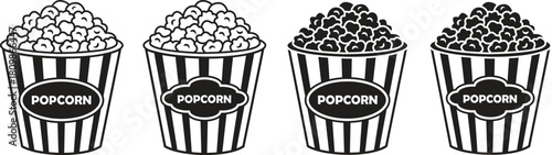 Popcorn bucket silhouette icons set. Minimalist black and white stripes popcorn bucket vector illustration, isolated on transparent background. Eps 10