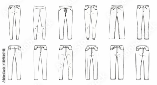 Collection of various denim jeans and pants for fashion design.