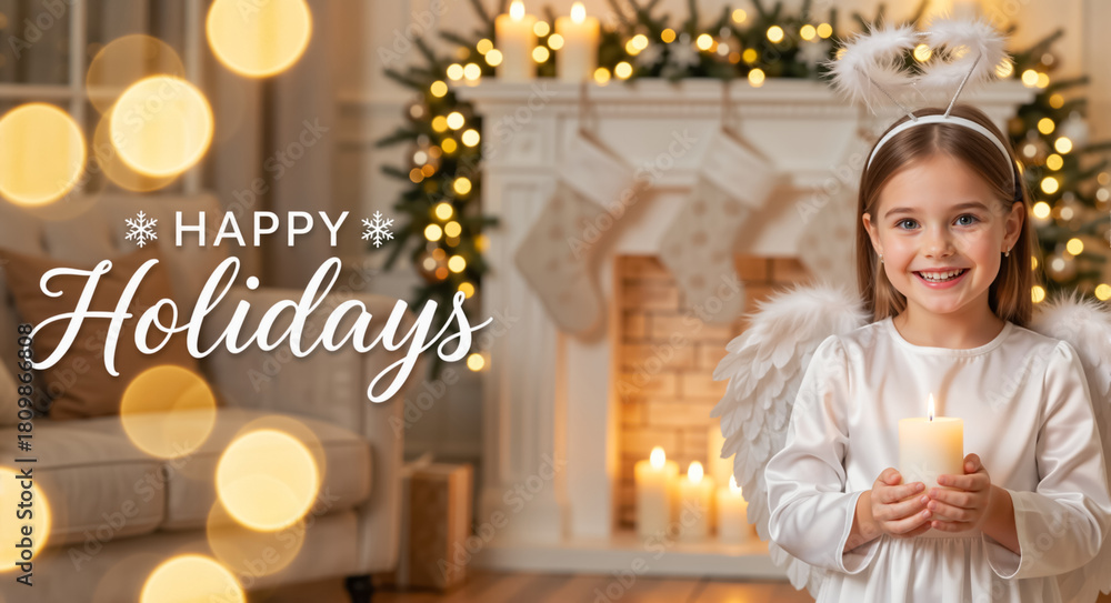 Fototapeta premium A happy child in an angel costume holds a lit candle on christmas eve. Festive holiday scene in a cozy home with a fireplace. Winter celebration banner