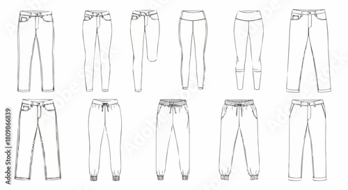 Collection of various pants and trousers in outline sketch style.