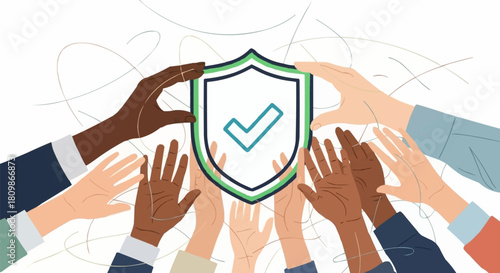 Diverse Hands Holding Shield Symbolizing Unity and Protection.