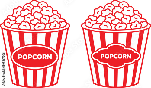 Popcorn bucket silhouette icons set. Minimalist red stripes popcorn bucket vector illustration, isolated on transparent background. Eps 10
