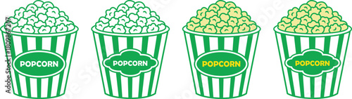 Popcorn bucket silhouette icons set. Minimalist green and white stripes popcorn bucket vector illustration, isolated on transparent background. Eps 10