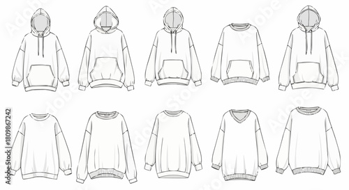 Collection of various hoodie and sweatshirt designs in line art style.