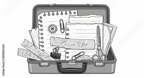 Monochrome line art illustration of an open briefcase with papers and stationery.